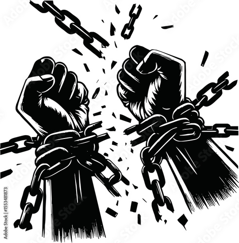 Human rights day. International peace. Silhouette of hand is breaking chain. Concept of freedom from oppression, slavery, equality. Cartoon flat style design on white background. Vector illustration.