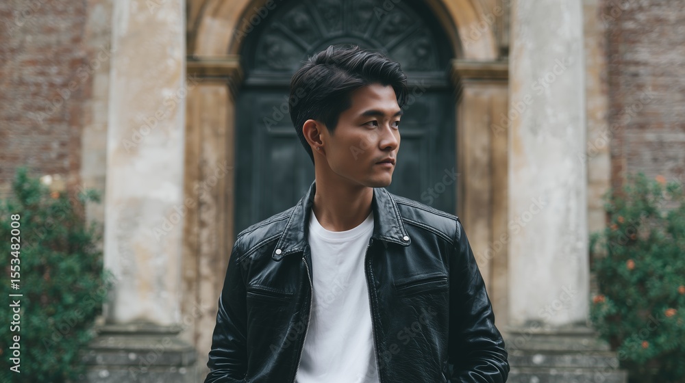 Obraz premium Young man in black leather jacket poses in front of historical building with weathered stone walls and greenery in early evening light