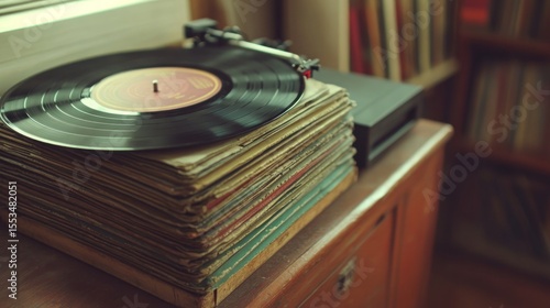 Vintage vinyl record player and albums