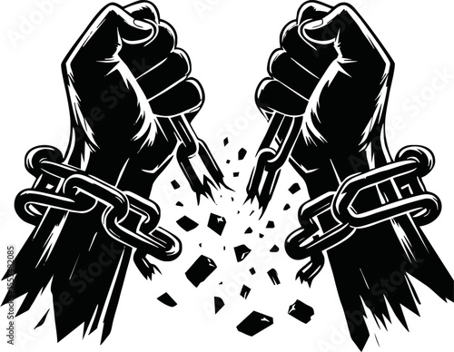 Human rights day. International peace. Silhouette of hand is breaking chain. Concept of freedom from oppression, slavery, equality. Cartoon flat style design on white background. Vector illustration.