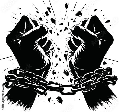 Human rights day. International peace. Silhouette of hand is breaking chain. Concept of freedom from oppression, slavery, equality. Cartoon flat style design on white background. Vector illustration.