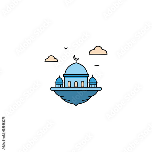 a floating dome mosque concept with clouds and bir