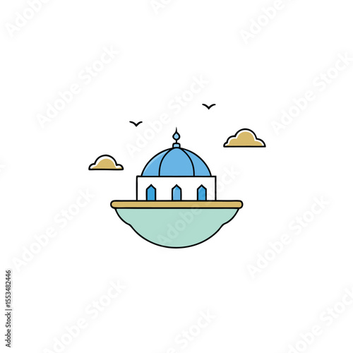a floating dome mosque concept with clouds and bir