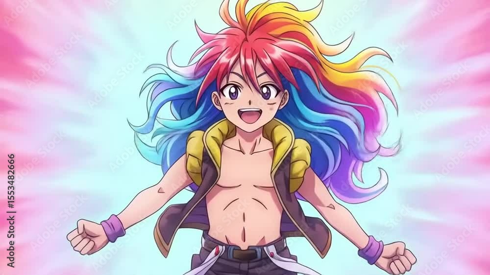 Colorful animated character with vibrant hair and confident expression, showcasing excitement and energy Colorful animated character with vibrant hair and confident expression, showcasing excitement and energy