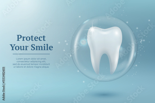 Protect Your Smile. Vector 3d Realistic Tooth in a Protective Bubble Isolated on a Blue Background. Design Template, Clipart, Mockup. Dentistry, Healthcare, Medical, Hygiene, Protection Concept