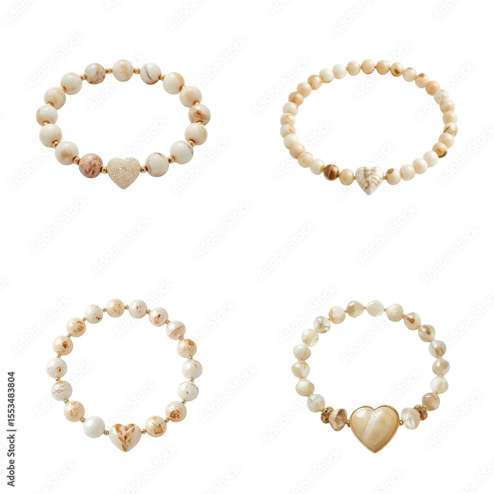 Elegant beaded bracelets with heart charms in soft neutral colors Elegant beaded bracelets with heart charms in soft neutral colors