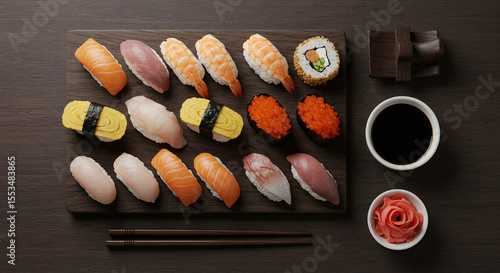 Variety of sushi including nigiri and maki rolls on black tray, Japanese cuisine.