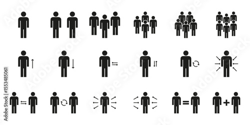 Communication And Growth Representation. People Interaction And Movement Solid Icon Set. Human Dynamics, Social Interaction and Group Behavior Silhouette Icon Set. Isolated Vector Illustration