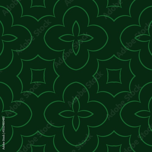 A seamless dark green pattern features interlocking floral and geometric shapes with a subtle outline. The repetitive design is suitable for backgrounds or decorative purposes.
