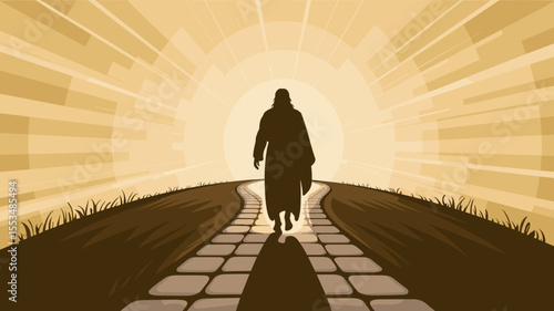 Jesus walking on path toward bright light with radiant sunrise, vector background