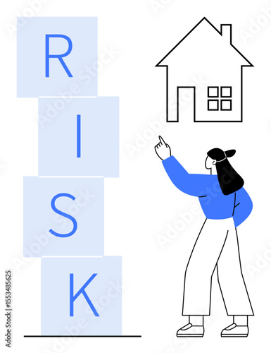 Woman pointing to a house outline next to blocks spelling RISK symbolizing property investment, decision-making, or hazard assessment. Ideal for real estate, finance, insurance, planning, education