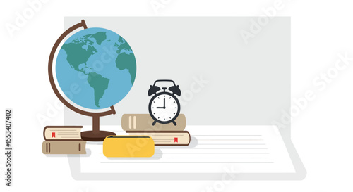 A globe books alarm clock pencil case and paper are on display in a study setting