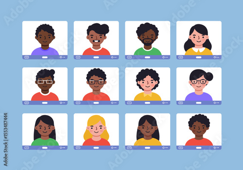 A grid of 12 illustrated people are shown in video call windows on a light blue background