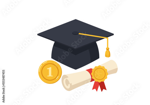 A mortarboard cap diploma with red ribbon and gold coin marked with a number 1 are shown against a white background