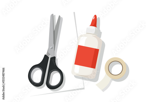 A pair of scissors a glue bottle with a red label and a roll of tape arranged on a white surface
