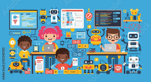 Cartoon kids at desks coding with laptops robots and screens on a light blue background
