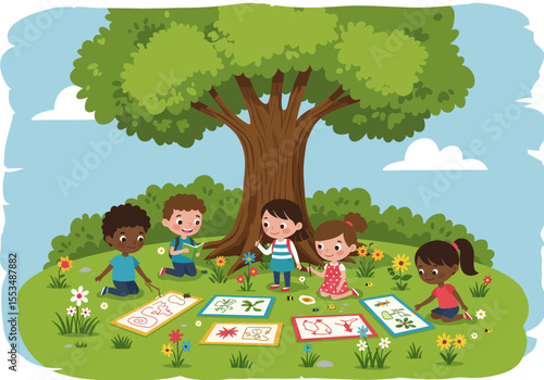 Children draw on mats under a tree in a grassy field with flowers and a blue sky