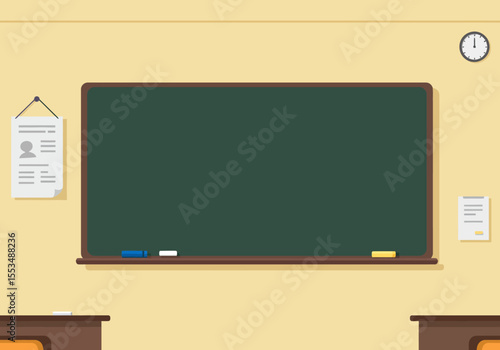 Classroom setting blackboard desks clock and wallmounted papers