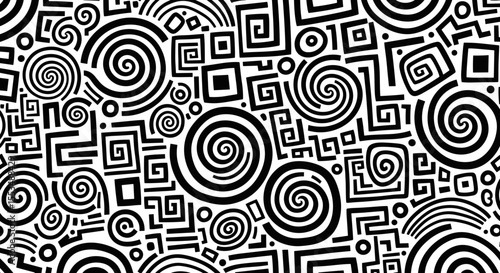 Intricate Black and White Abstract Spiral and Geometric Pattern with Dynamic Lines and Shapes