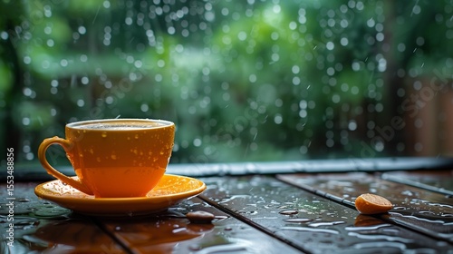 Cup of coffee on a rainy day