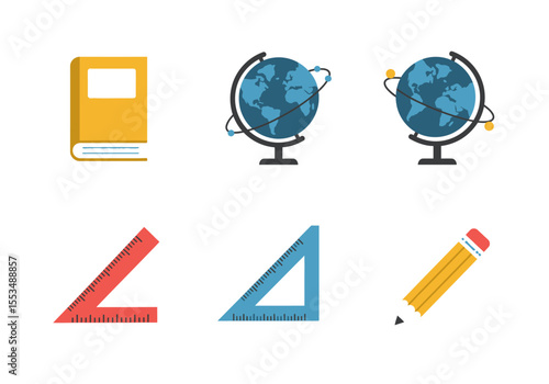 School supplies icon collection book globes rulers and pencil all flat design