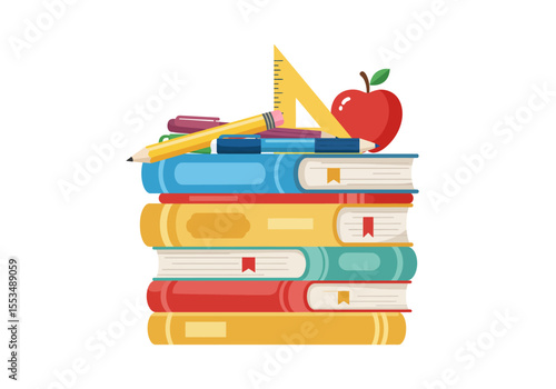 Stack of books with pencil pen ruler and apple