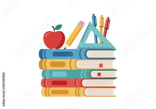 Stacked books topped with an apple pencil ruler and pens