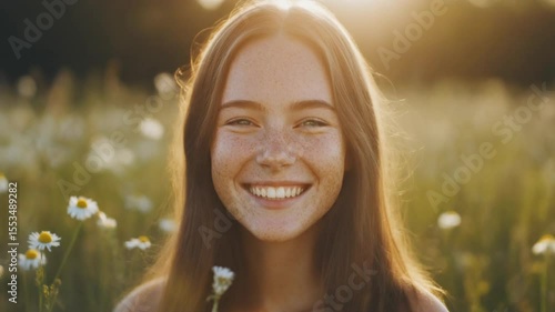 young woman with freckles and no makeup smiling in a field of wildflowers,