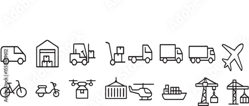 Commercial Vehicles Line Icons - Thin Vector Logistics Set (Cargo Truck, Forklift, Container Ship) - Supply Chain & Warehouse Pictograms