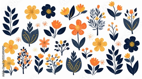 Spring flowers and leaves in a simple design. Use these colorful elements for decoration, Easter, stickers, or prints.
