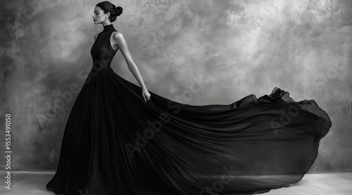 Elegant woman in flowing black evening gown against textured background – ideal for fashion editorials, luxury branding, couture advertising, or dramatic artistic prints