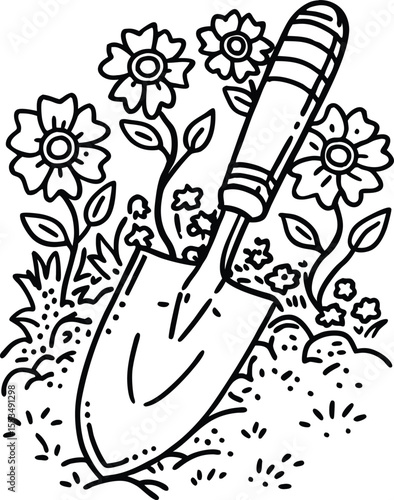 Hand drawn shovel with flowers gardening concept in black and white