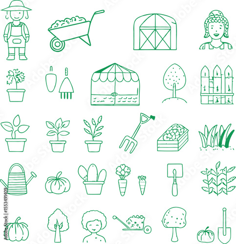 Hand Drawn Green Garden Elements Isolated on White Background