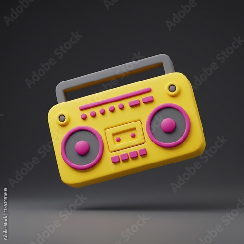 A 3D render of a vintage yellow and pink boombox. This retro music player icon symbolizes 80s and 90s nostalgia, hip hop culture, and street style. Floating on a dark background.