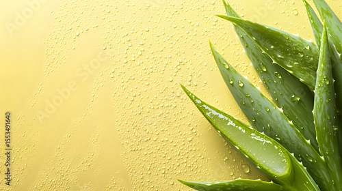 Fresh aloe vera plant with water droplets on yellow background promoting natural skincare