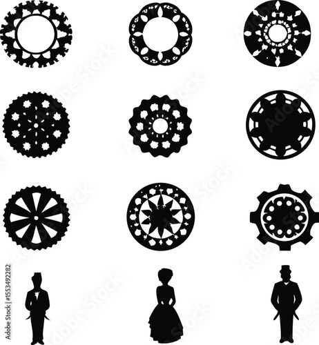 Collection of Victorian Era Silhouettes Featuring Gears and People
