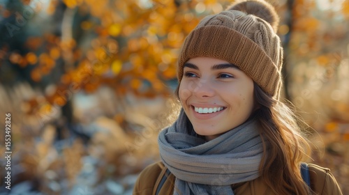 Smiling young woman enjoys the autumn weather in the forest. Autumn landscape