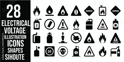 Collection of black and white warning signs and symbols for hazards and safety measures displayed together