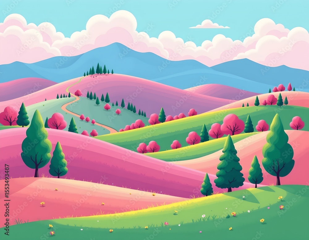 Fototapeten   - a vibrant and picturesque landscape featuring rolling green hills dotted with trees, under a clear sky #1553493487