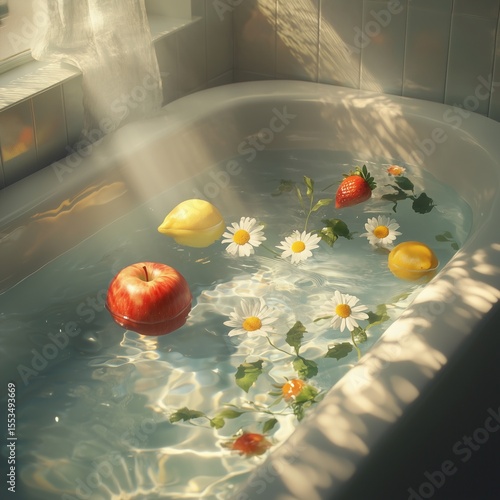 sunlit bathtub filled with water, floating fruits and chamomile flowers – apple, lemons, strawberries in dreamy natural light, spa and wellness mood