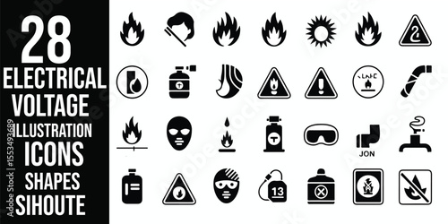 A collection of black and white safety and hazard icons featuring fire and electrical symbols on white