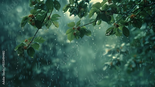 
Summer heavy rain in forest. Drops of water dripping from green leaves of cherry tree. Beautiful calming background. Weather, environment, nature concept. High quality