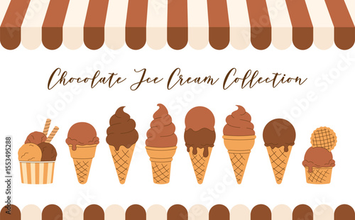 Large summer chocolate Ice Cream Clipart set, Collection. Striped kiosk awning. Soft brown gelato, melted scoop in waffle cone on white background. Isolated Hand drawn flat Vector illustration EPS10