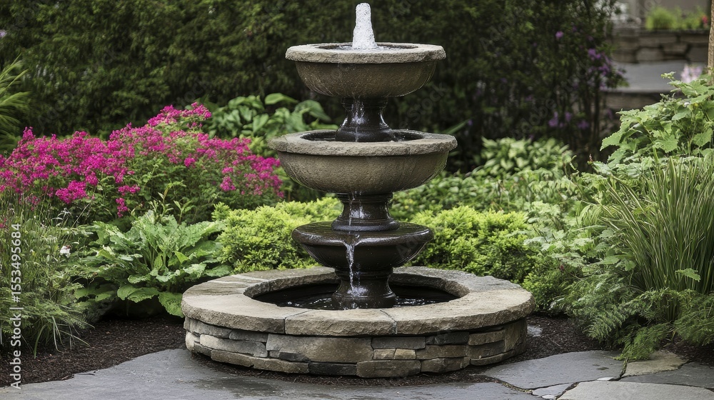 Naklejka premium Three-tiered stone fountain in lush garden setting.