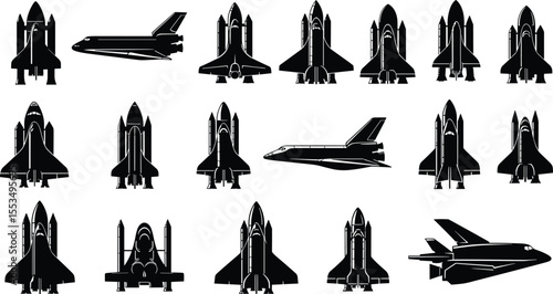  Space Shuttle Silhouettes: Iconic Astronaut Vehicle Designs, Rocket Launch, Scientific Exploration, and Future Technology Transportation Set for Adobe Stock