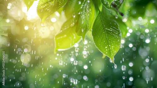 
Summer heavy rain in forest. Drops of water dripping from green leaves of cherry tree. Beautiful calming background. Weather, environment, nature concept. High quality