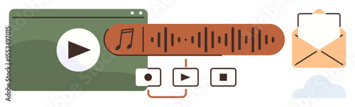 Media player interface with play button, sound wave, playback controls, email, and cloud. Ideal for content creation, communication, multimedia, technology streaming collaboration and storage