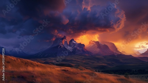 Thunderstorm over a landscape of mountains and grassland. Patagonia in Chile, South America.