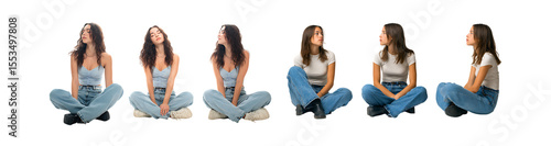 Pack of Six Young Women in Jeans Poses and Expressions for Diverse Content against transparent Background