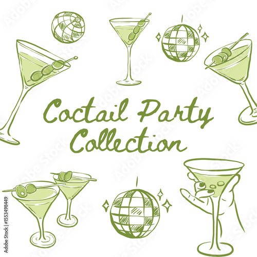 Hand drawn cute martini cocktail and disco ball vector collection. Hand drawn martini party clip art